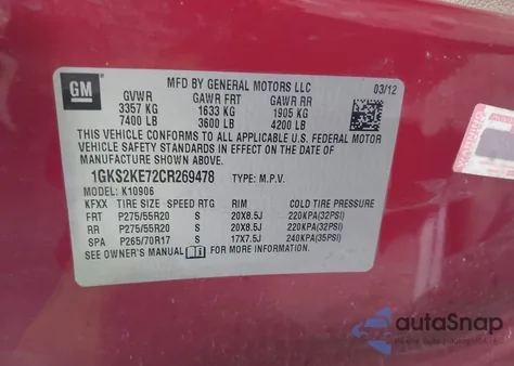 2012 GMC Yukon Xl 1500 Slt из США, поврежденный, VIN 1GKS2KE72CR269478